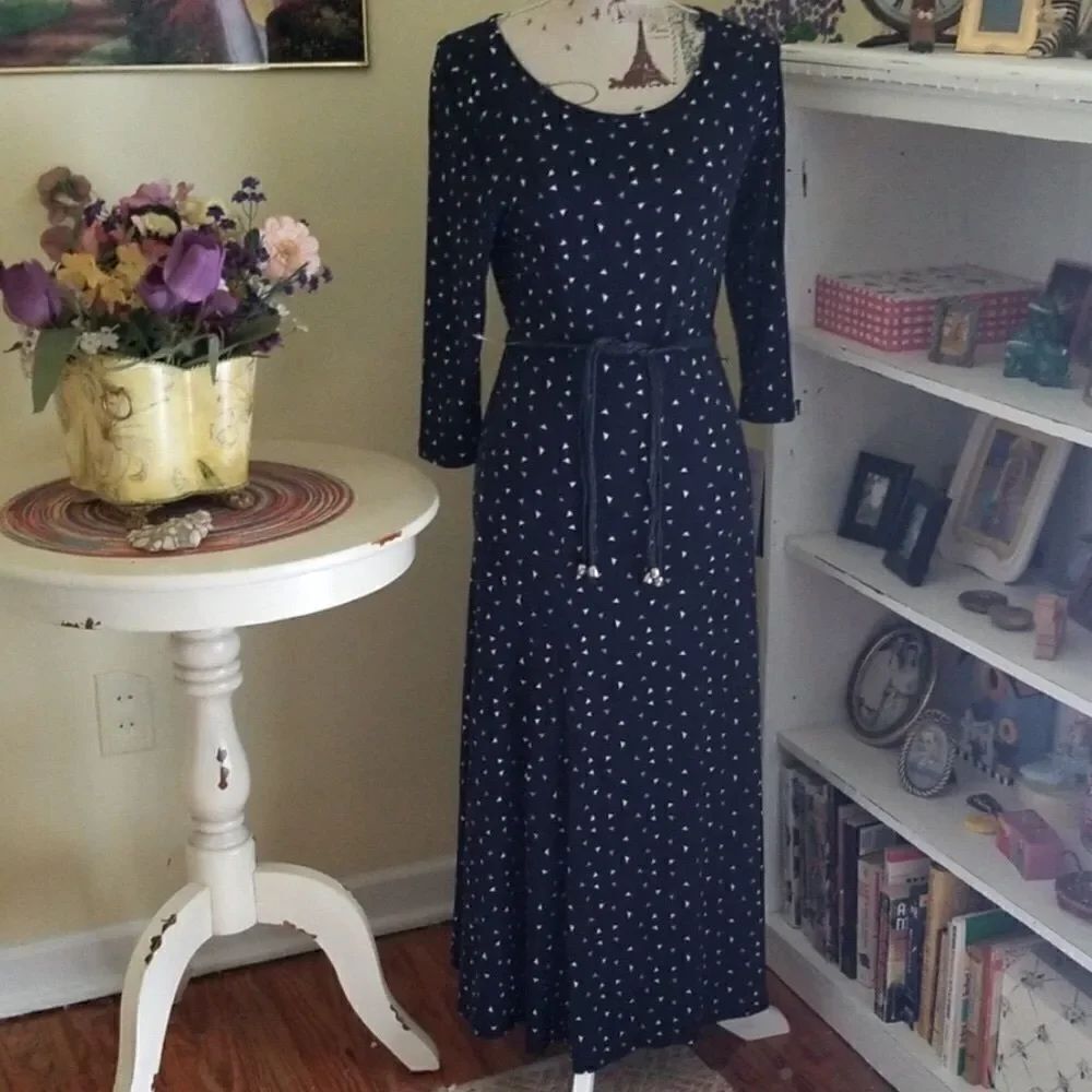 Nina Leonard S Jersey Crew Neck Quarter Sleeve Midi Dress Navy White Lilac Print
